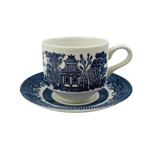 Churchill Blue‎ Willow Large Flat Cup Saucer Set England Georgian Shape